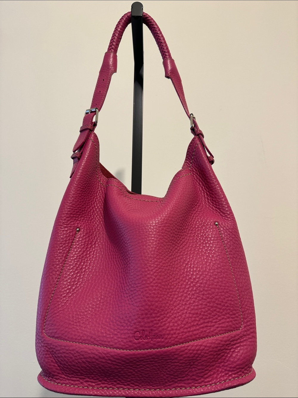 Cole Haan Women's Fuscia Pink Pebbled Leather Hobo With Braided Shoulder Strap